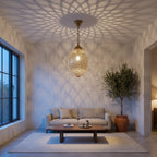 Kenza pendant hanging in the corner of a modern bedroom