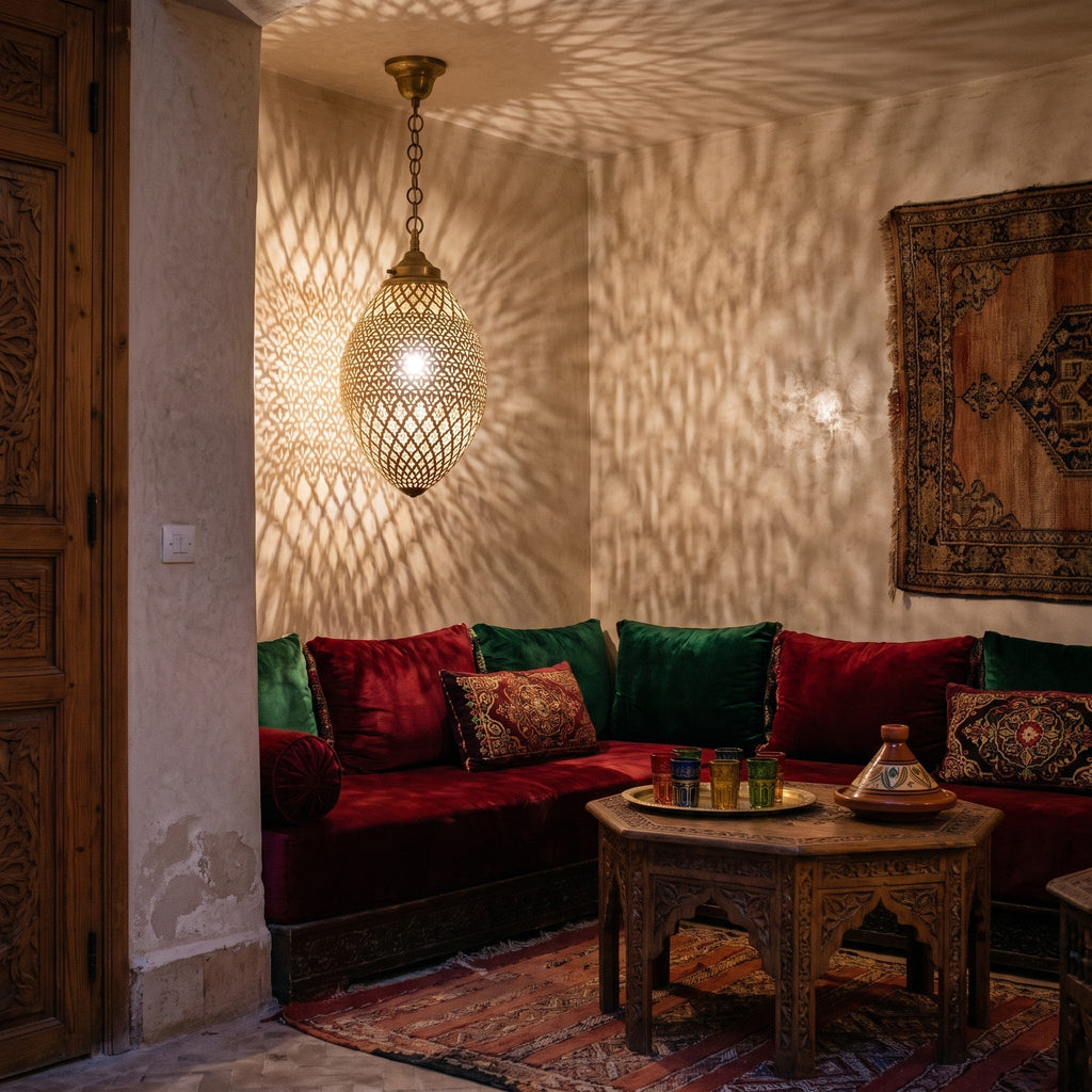 Kenza pendant lit in a riad alcove, small points of light on the plaster