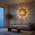 Khamsa eight-pointed brass sconce mounted on a modern hallway wall