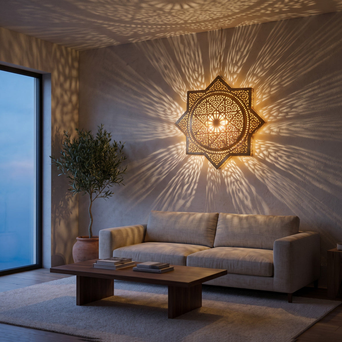 Khamsa eight-pointed brass sconce mounted on a modern hallway wall