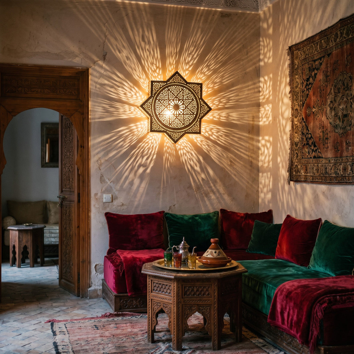 Khamsa octagram sconce glowing on a riad wall in Marrakech