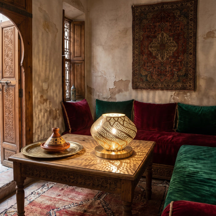 Khzama lantern lit among cushions in a Moroccan riad in the evening