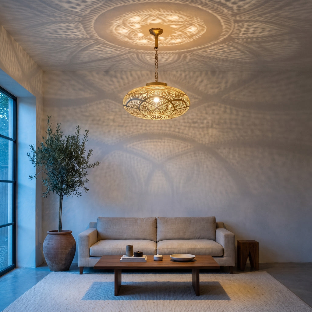 Layla pendant over a dining table in a modern apartment at night