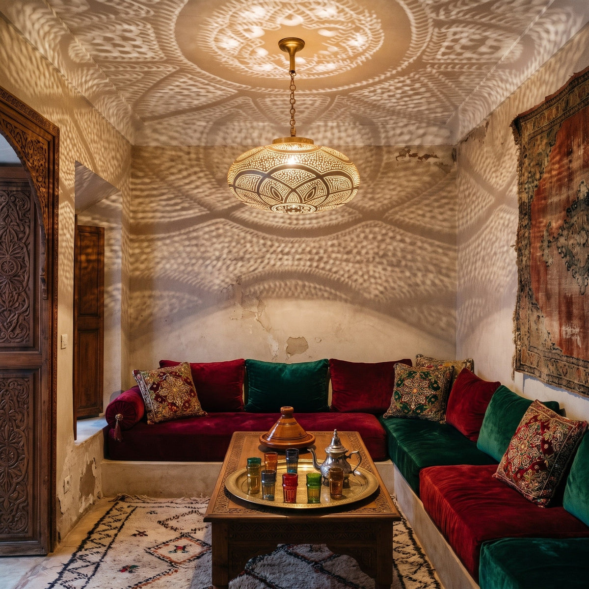 Layla pendant casting its lattice of light on riad walls after dark