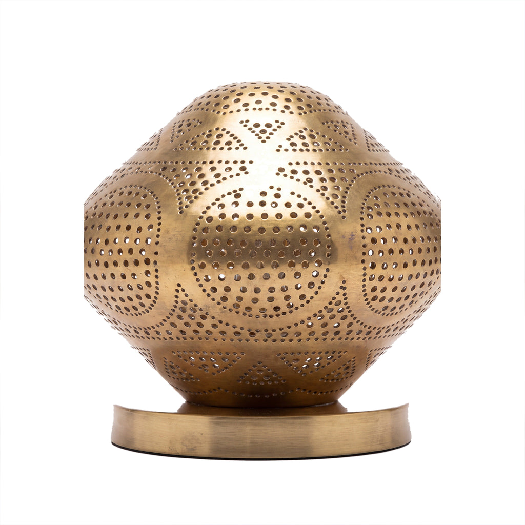 Louiza low dome table lantern in pierced brass on a white studio background