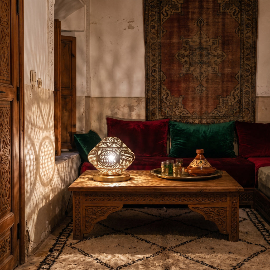 Louiza lantern lit on a tiled table in a Moroccan riad courtyard