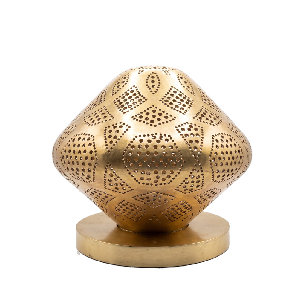 Louz dome table lantern in pierced brass on a white studio background