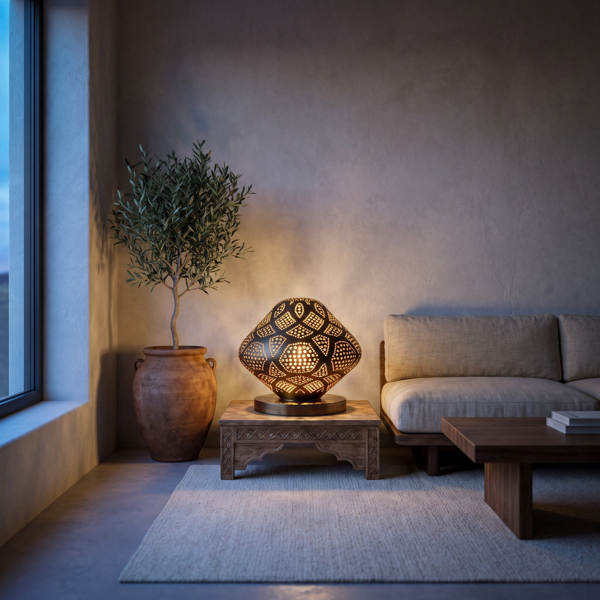 Louz lantern lit on a coffee table in a modern living room, pattern on the tabletop