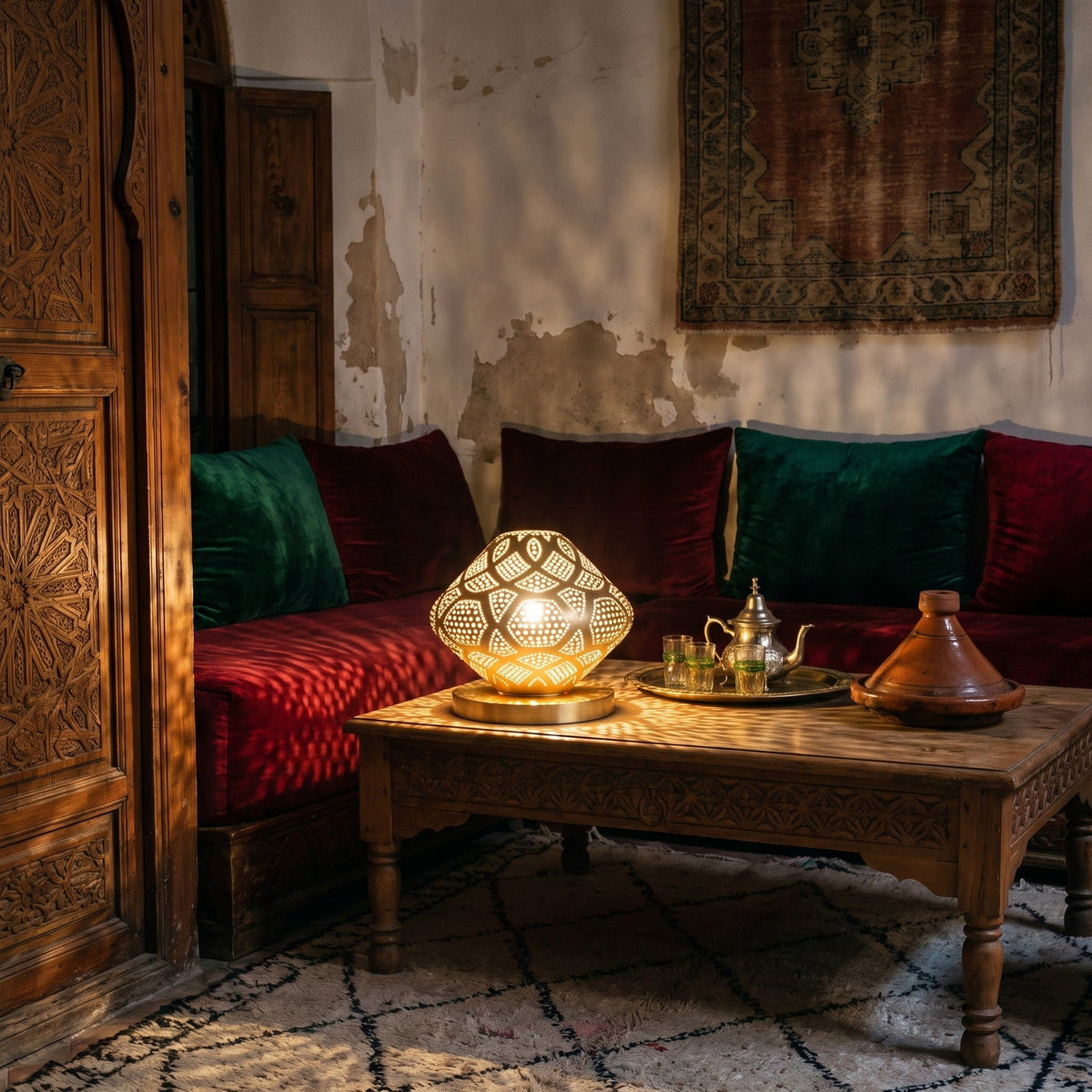 Louz lantern glowing on a brass tray in a Moroccan riad at night