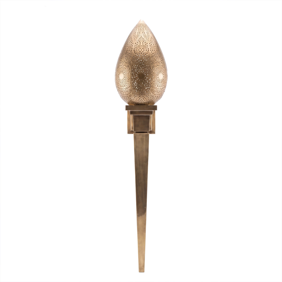 Menara pierced brass wall sconce in gold, tall tapered torch shape, on a white studio background