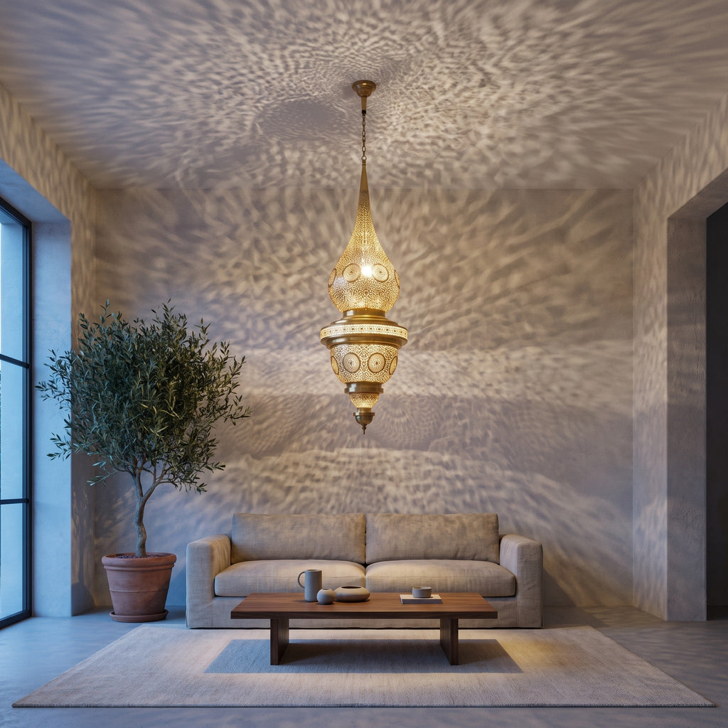 Mgoun pendant lit beside a staircase in a modern entryway
