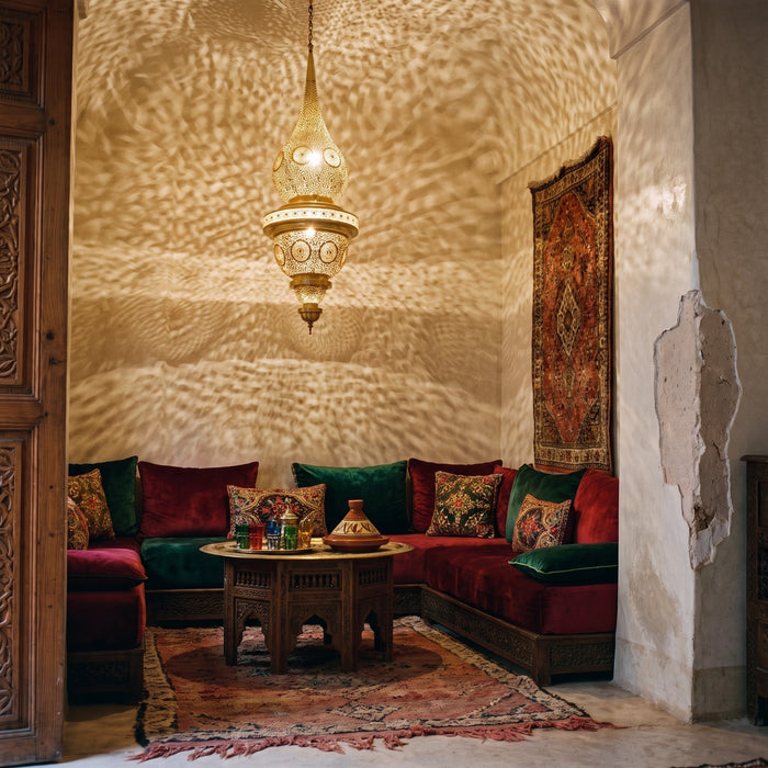 Mgoun pendant glowing in the stair core of a Moroccan riad