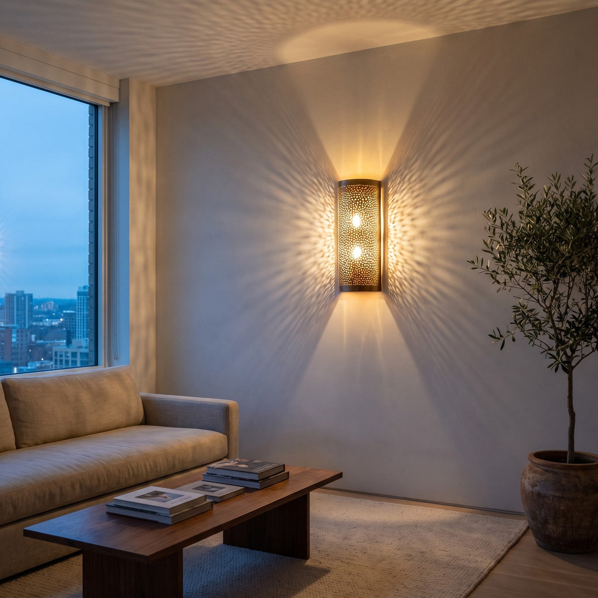 Two Mouassine brass sconces on either side of a bed in a modern bedroom
