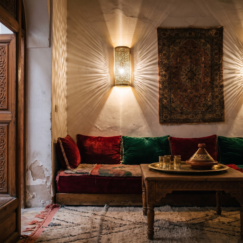 Mouassine sconce pair lighting a carved doorway in a Marrakech riad