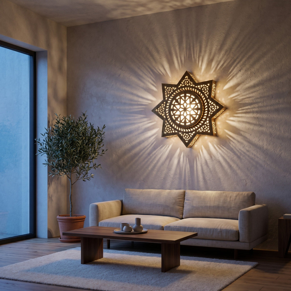 Najma sconce lit beside a bed in a modern bedroom