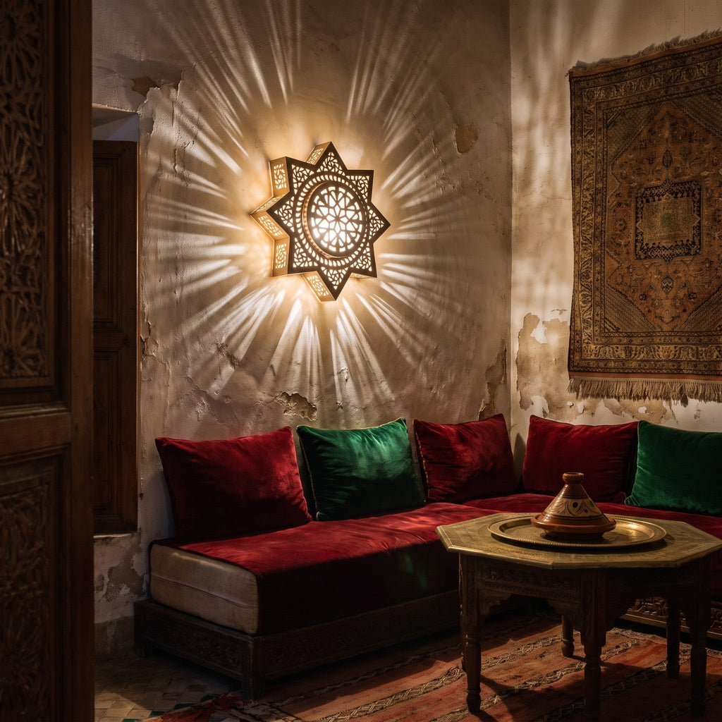 Najma sconce casting patterned light on a Moroccan riad wall