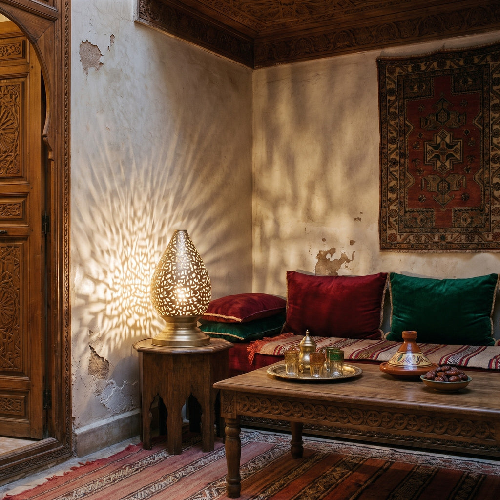 Naqsh lamp glowing in a riad alcove at night, calligraphy cast on the wall