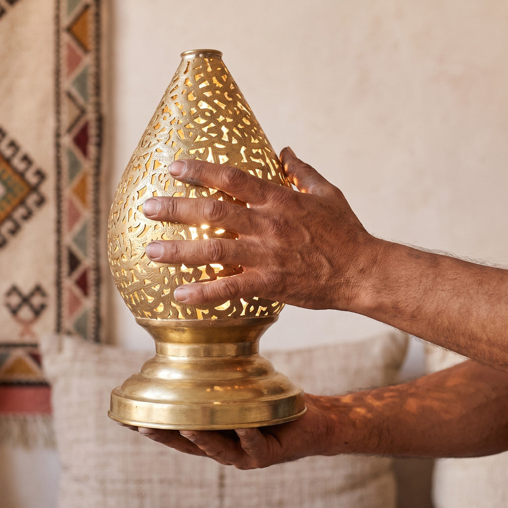 A maalem's hands holding the Naqsh lamp, pierced letters visible in the brass
