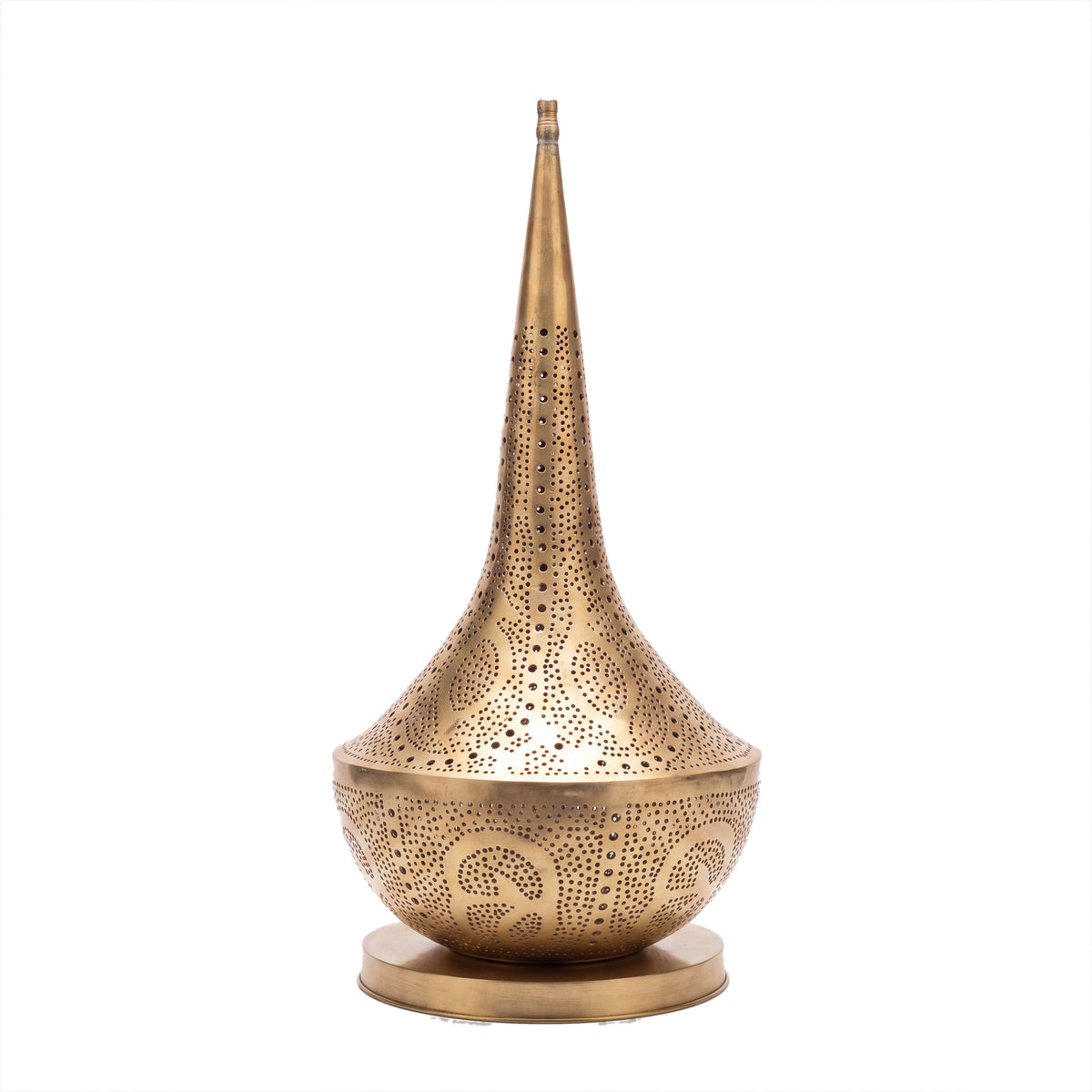 Nassim tall pierced brass table lamp photographed on a plain white studio background