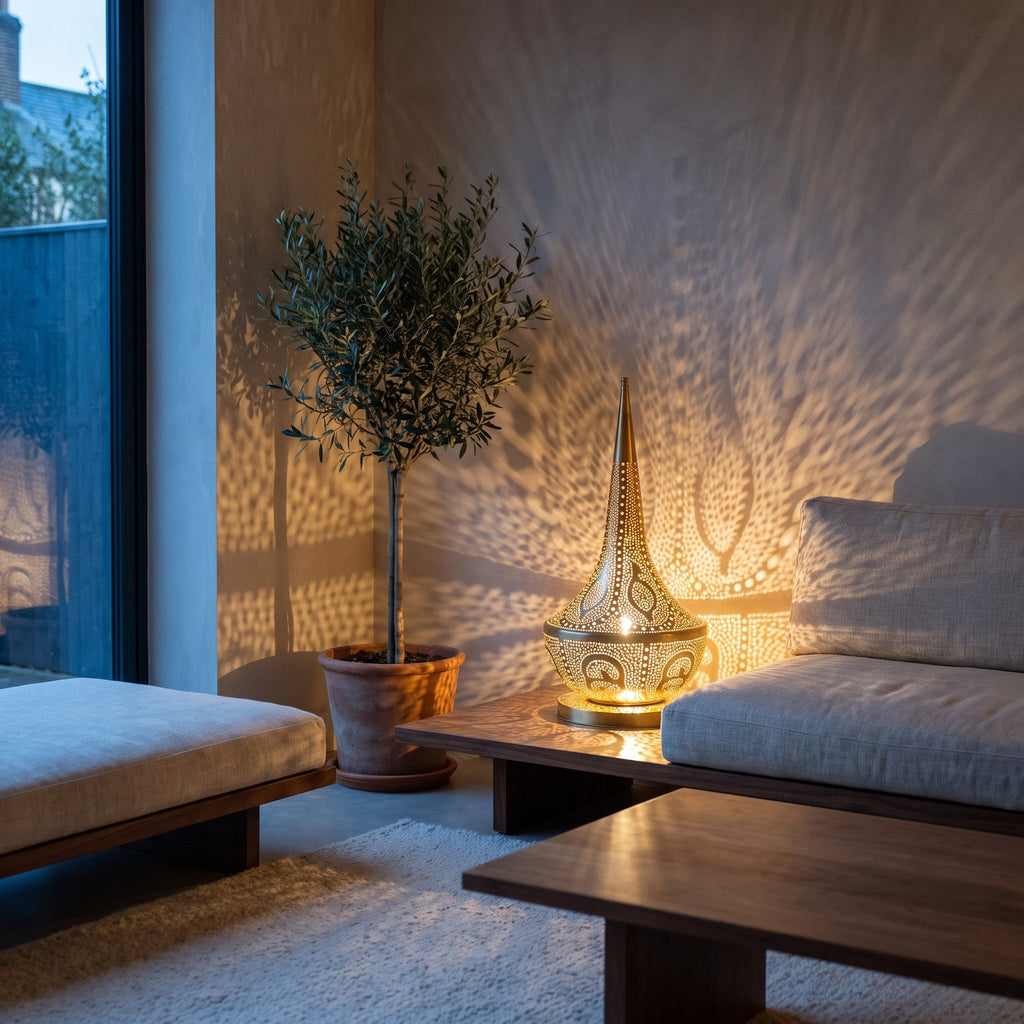 Nassim lamp lit on a side table in a modern bedroom, points of light on the wall