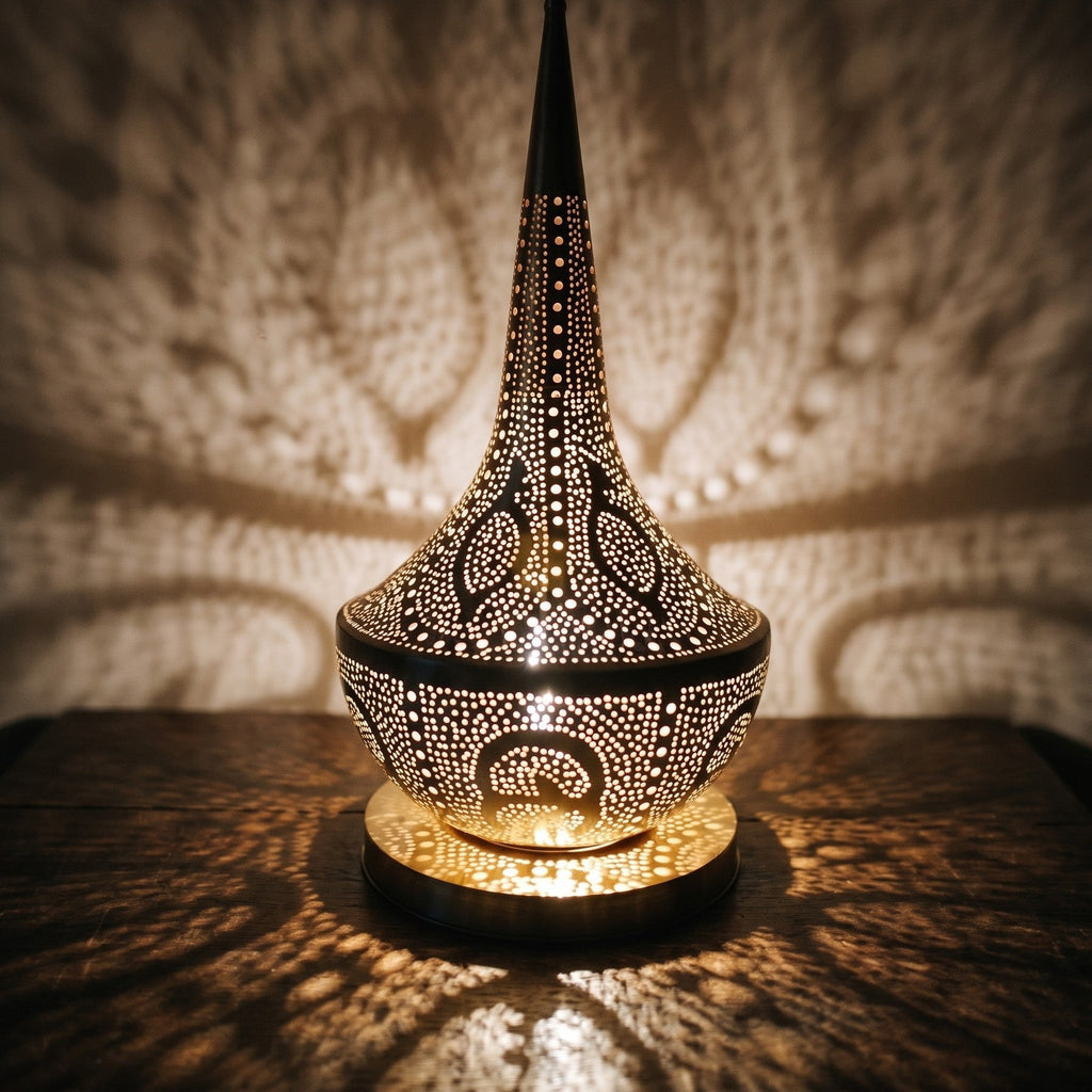 Detail of Nassim lit, small pierced openings glowing in the brass column