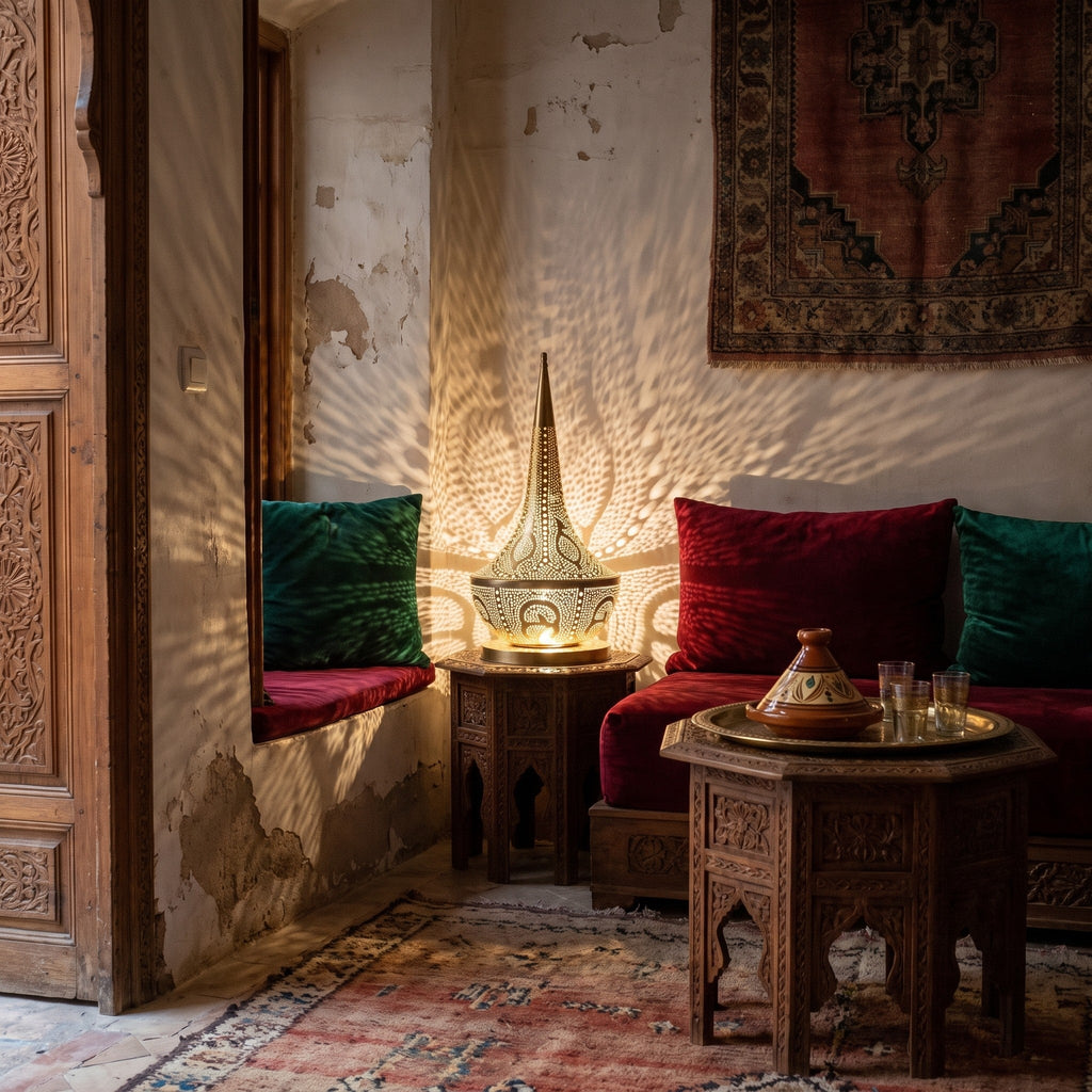 Nassim table lamp glowing in the corner of a Moroccan riad courtyard