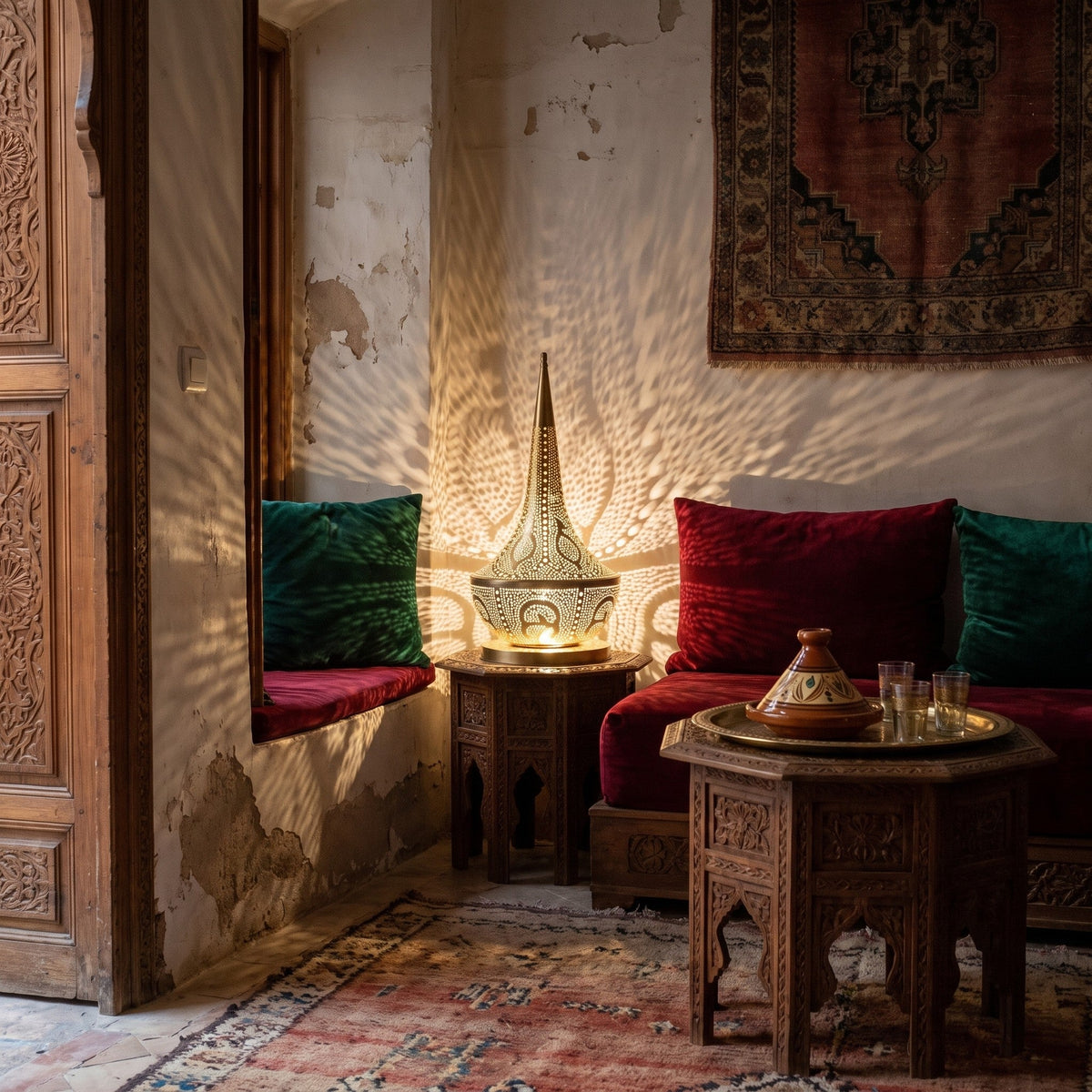 Nassim table lamp glowing in the corner of a Moroccan riad courtyard