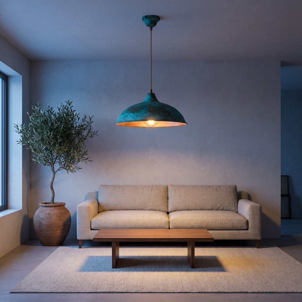 Nila verdigris dome pendant hanging in a modern dining room
