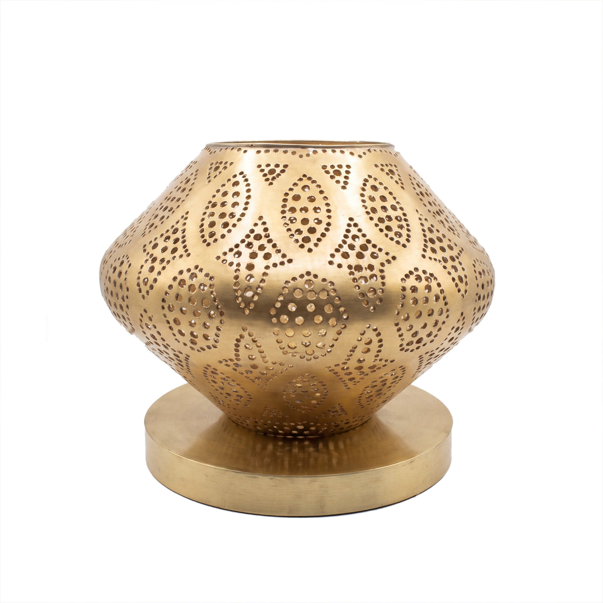 Nouara opened dome lantern in pierced brass on a white studio background