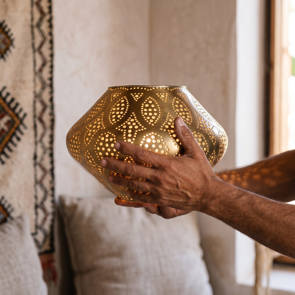 The maker's hands presenting the Nouara lantern, petals open
