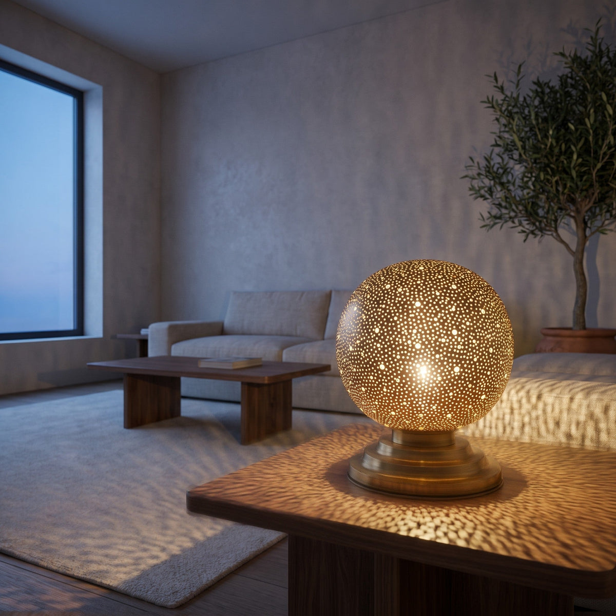 Ourika brass globe lamp on a shelf in a modern reading corner