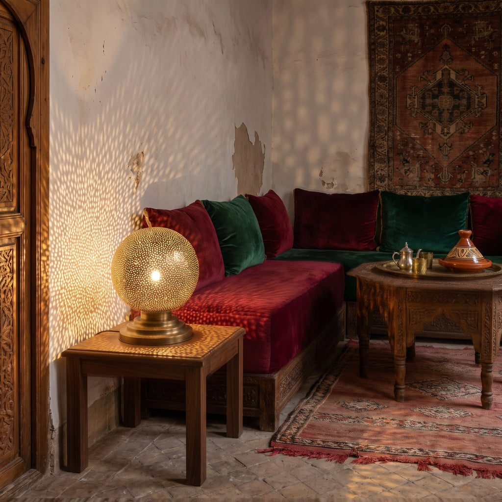 Ourika lamp lit at night on a riad table, its pattern laid across the wall