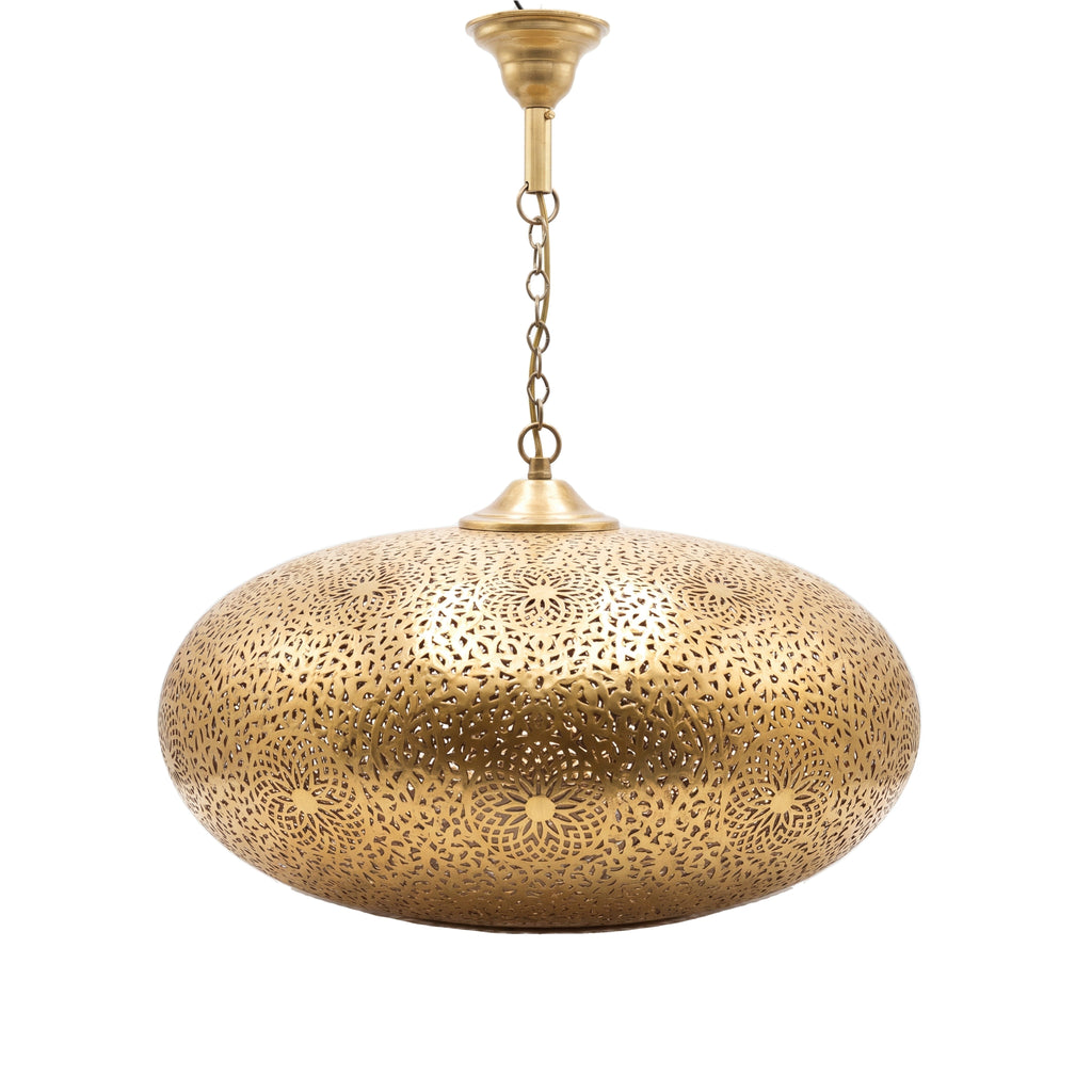 Qandil domed brass lantern with leaf openwork on a white studio background