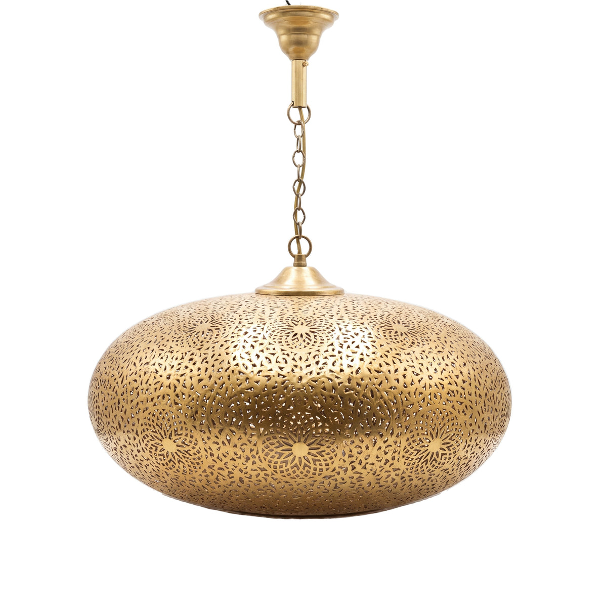 Qandil domed brass lantern with leaf openwork on a white studio background