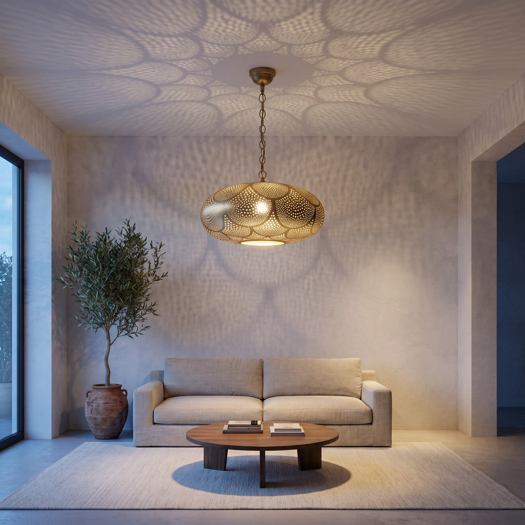 Saada pendant hanging in the corner of a modern bedroom