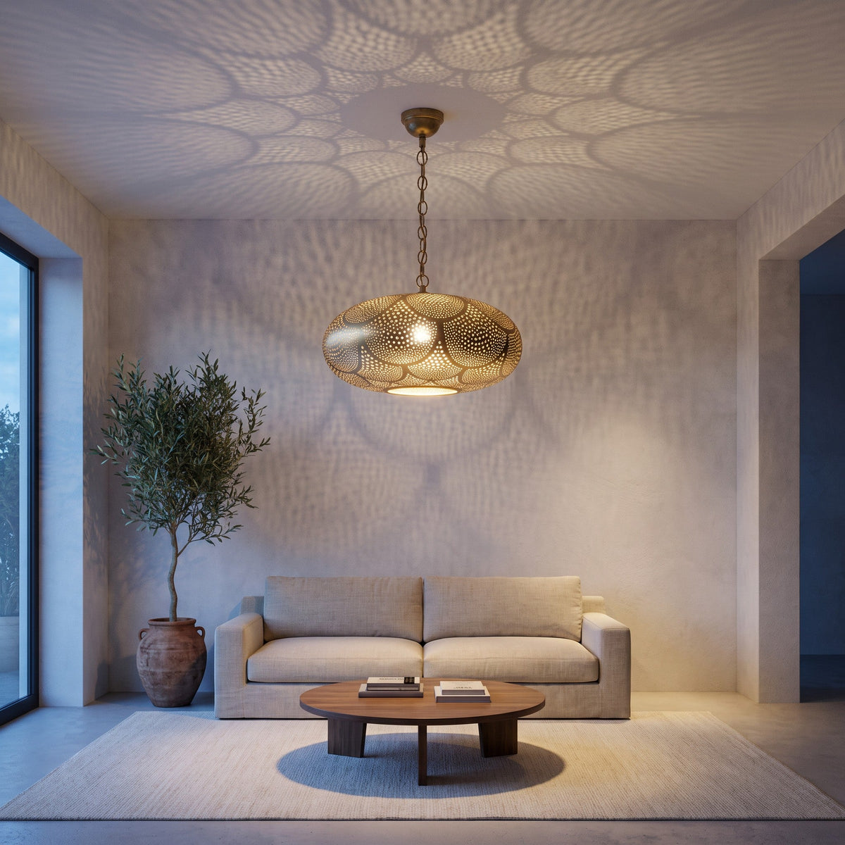 Saada pendant hanging in the corner of a modern bedroom