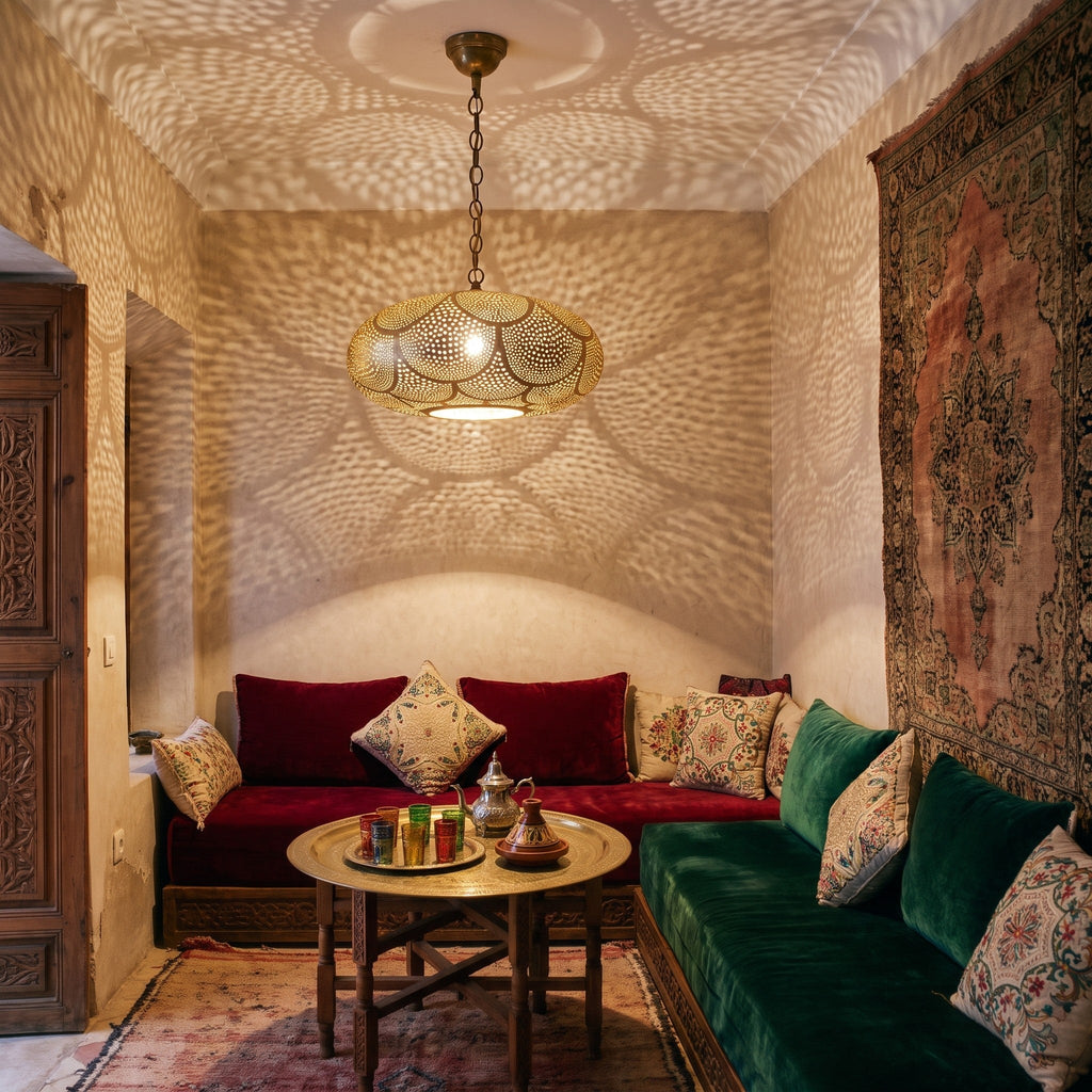 Saada pendant glowing at night in a Moroccan riad
