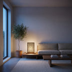 Sabah brass lamp on a console in a modern living room
