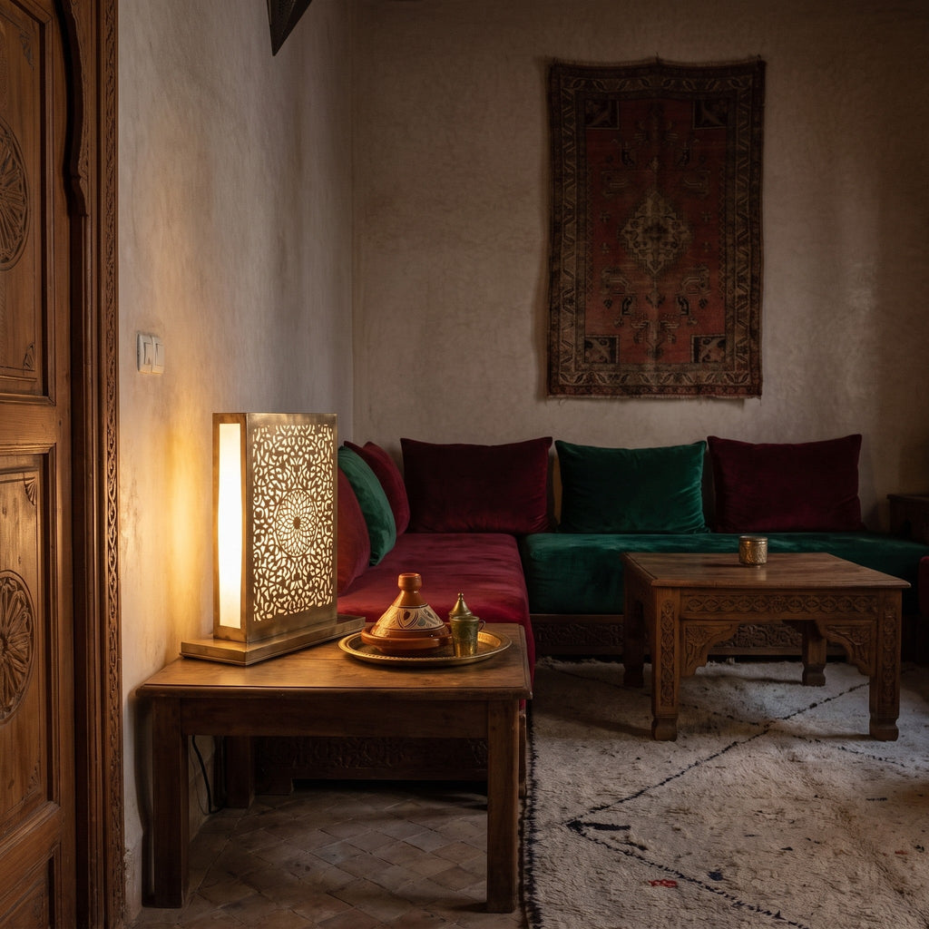 Sabah lamp lit at night on a riad side table, a pool of warm light on the wood