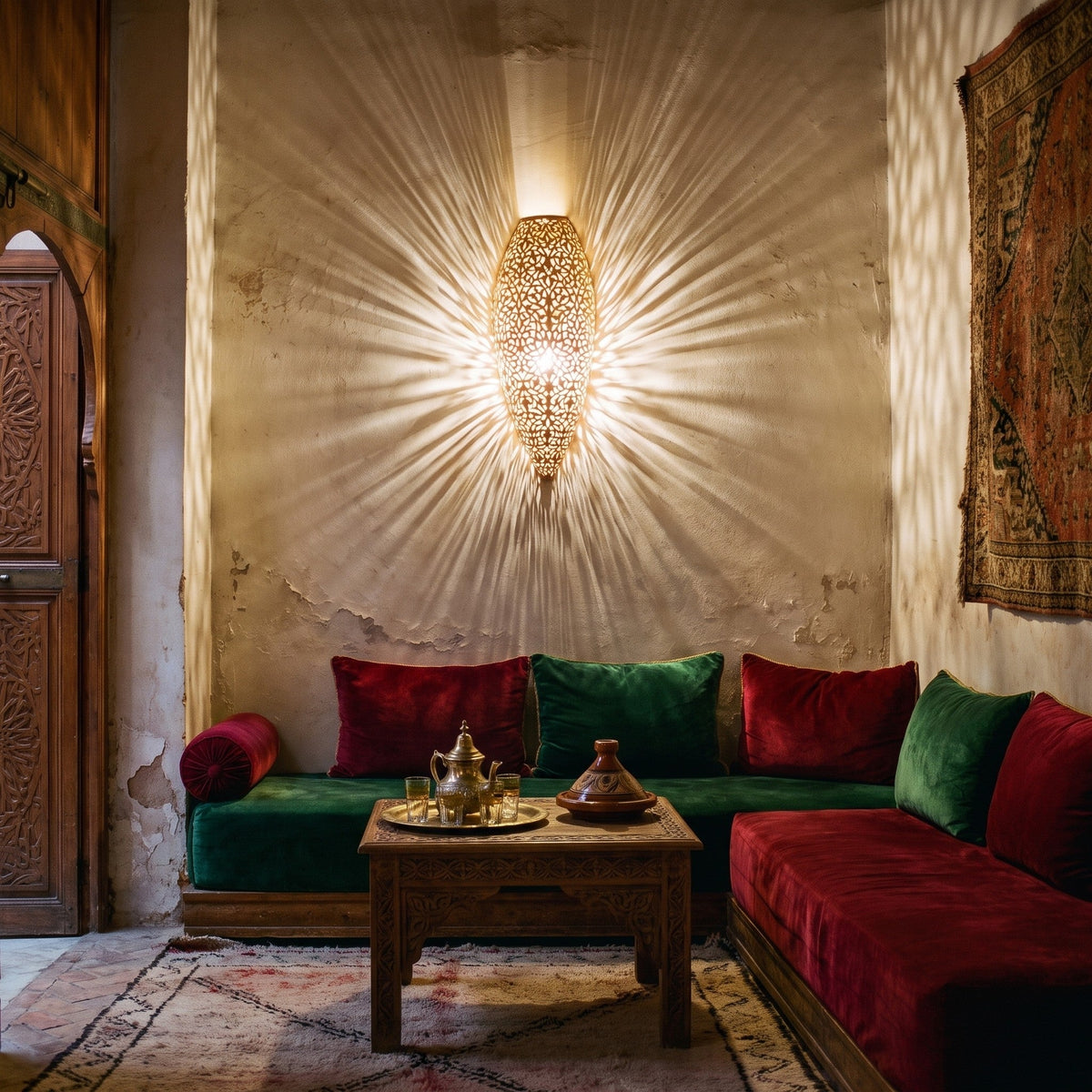 Sana sconce glowing against a plaster wall in a Moroccan riad