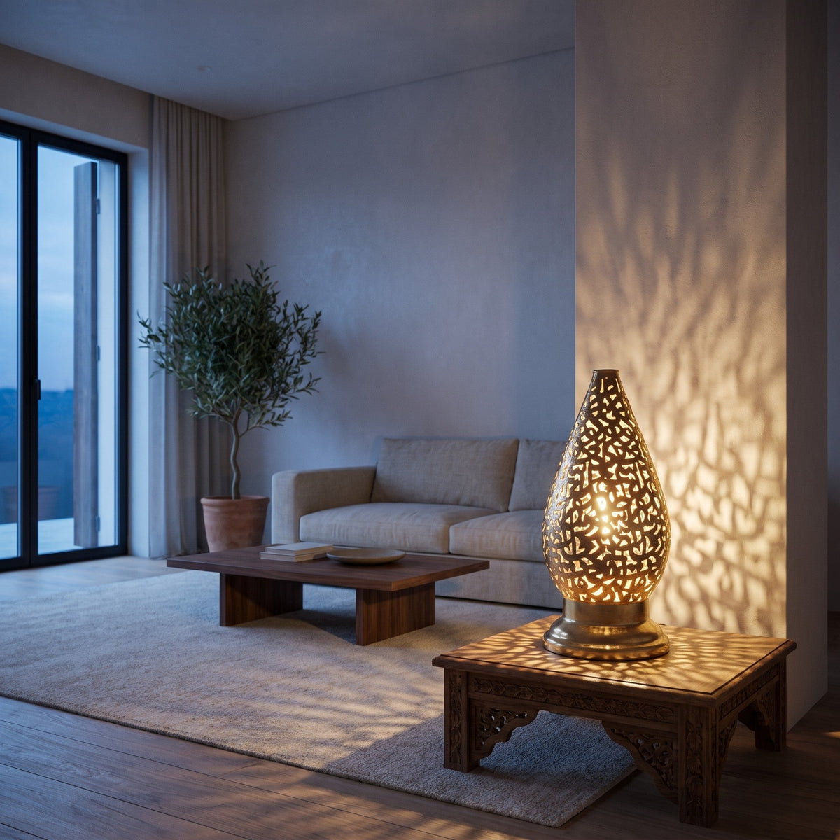 Pair of Shama lanterns on a console table in a modern living room