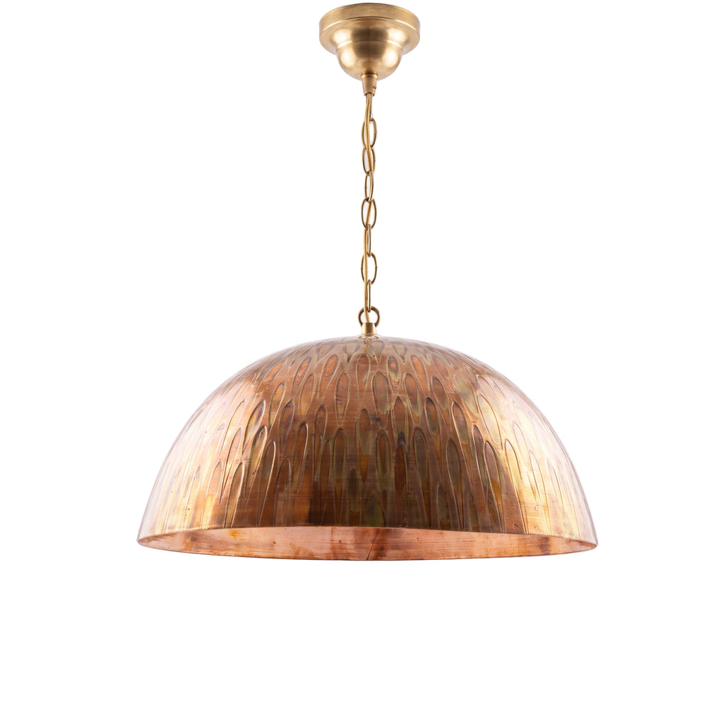 Siniya hand-engraved copper dome pendant light on a white studio background