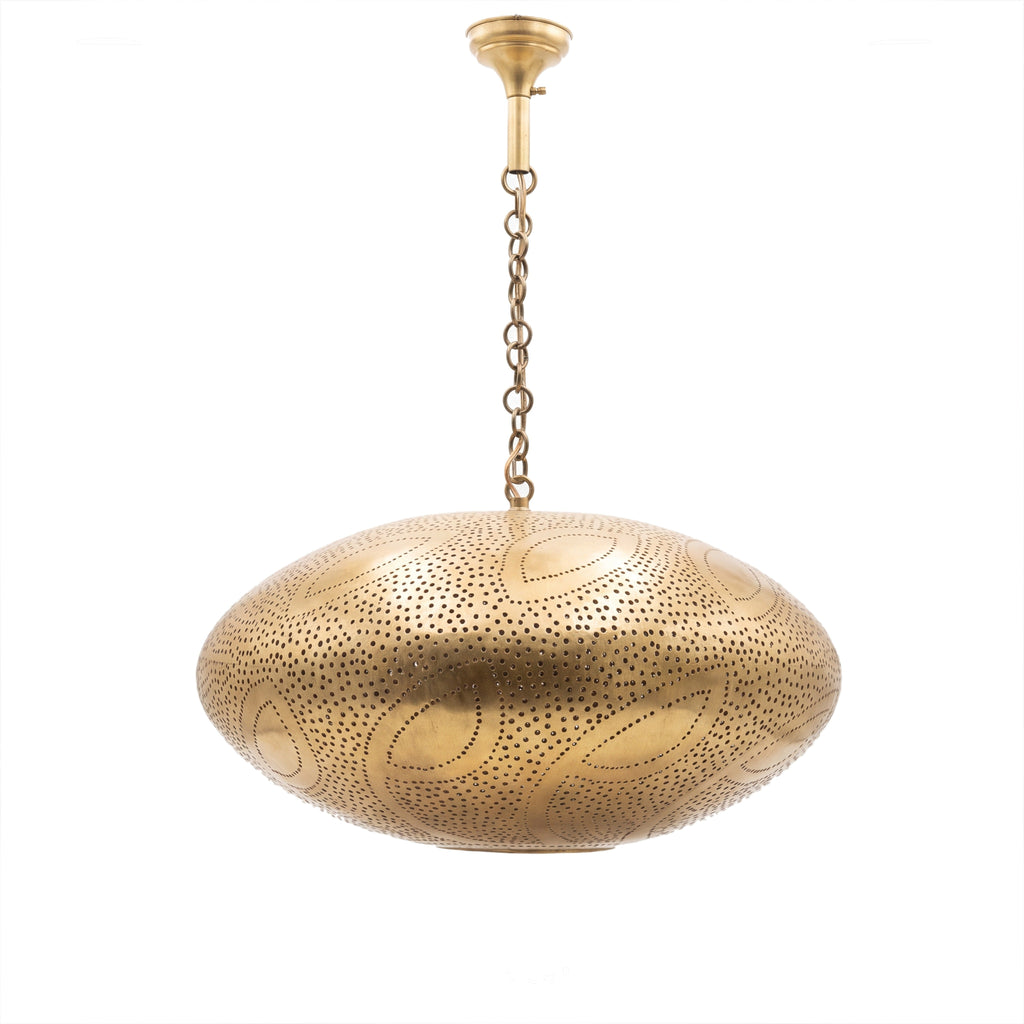 Souhail pendant, an open pierced brass dome, on a white studio background