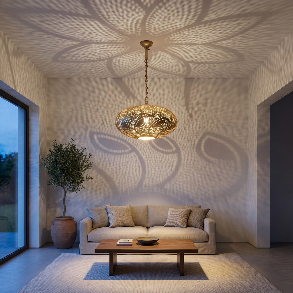 Souhail brass dome pendant above a dining table in a modern apartment