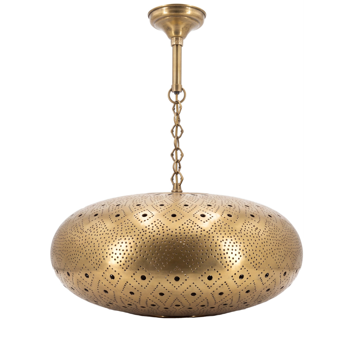 Tafat pierced brass pendant lamp on a white studio background