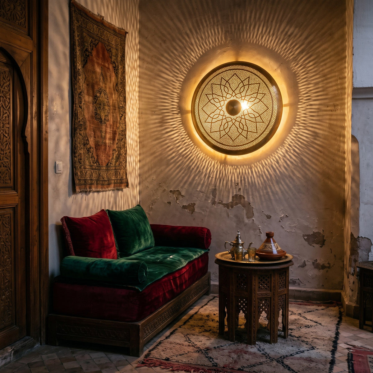 Tafraout sconce glowing on a rough plaster wall in a Moroccan riad