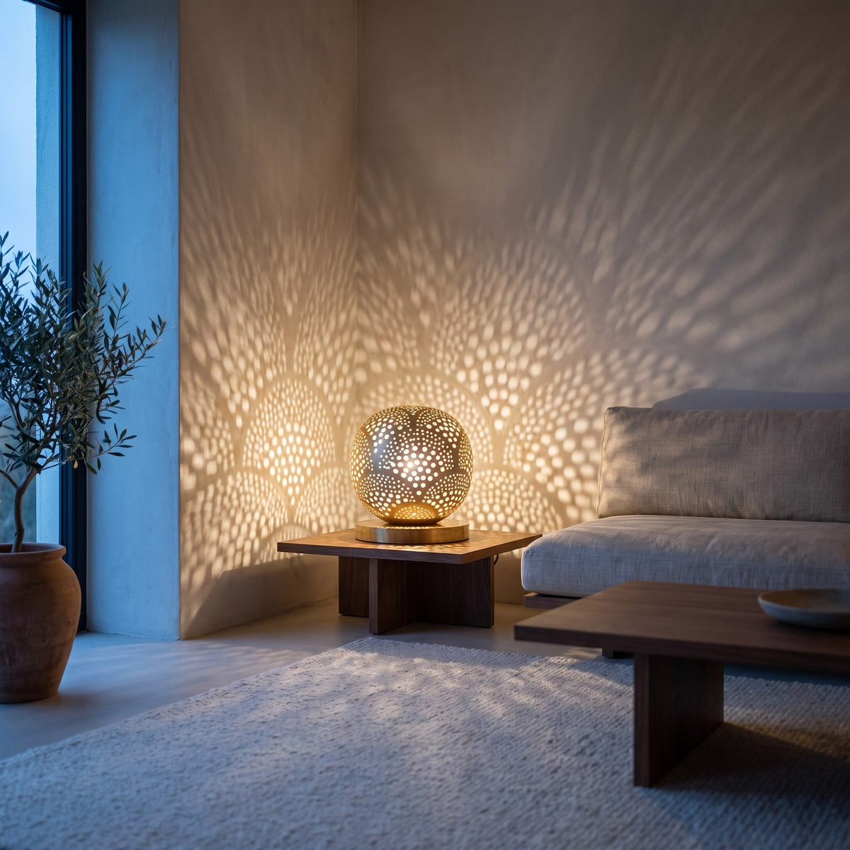 Tala brass table lamp on a side table in a modern living room