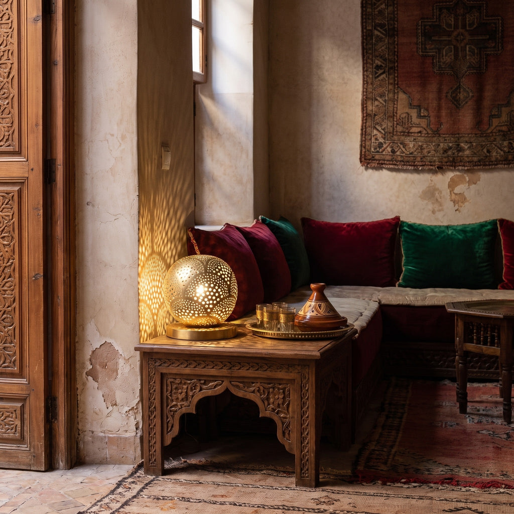 Tala lamp lit in a riad sitting room at night, its spray of light on the walls