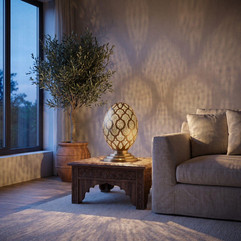 Tamment table lantern on a sideboard in a modern living room