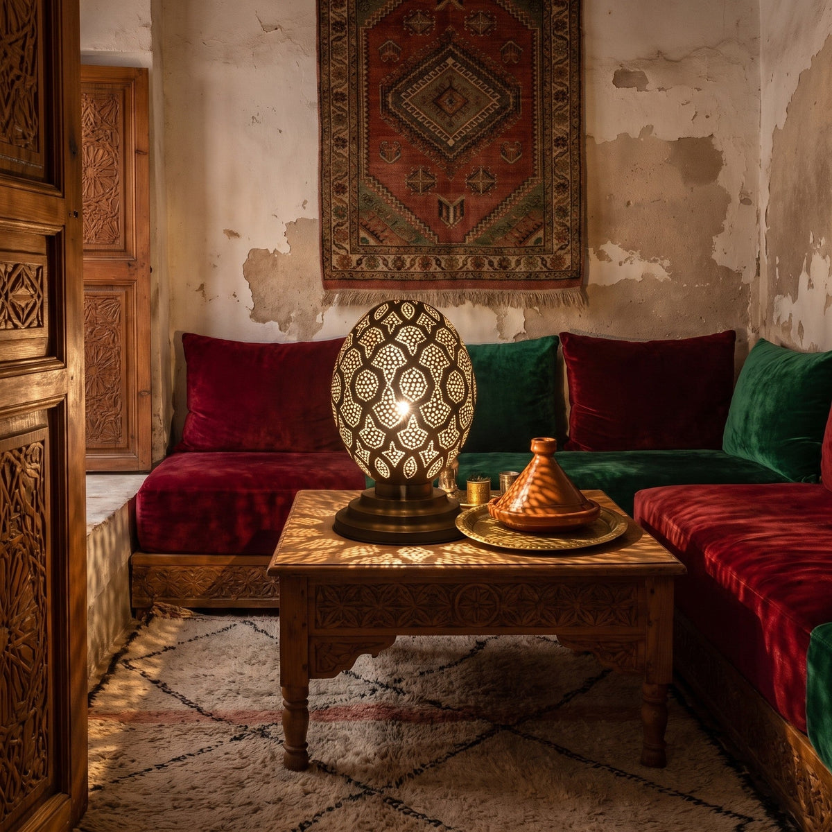 Tamment lantern glowing on a table in a Moroccan riad